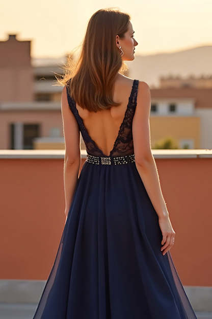 A Line V Neck Navy Lace Beaded Long Formal Dress