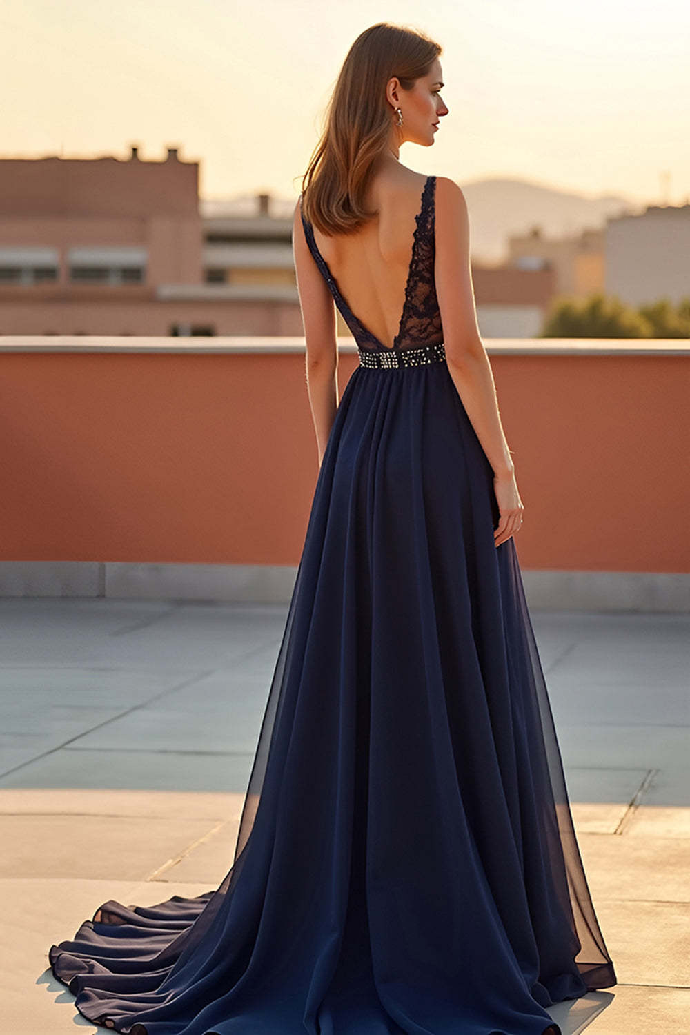 A Line V Neck Navy Lace Beaded Long Formal Dress