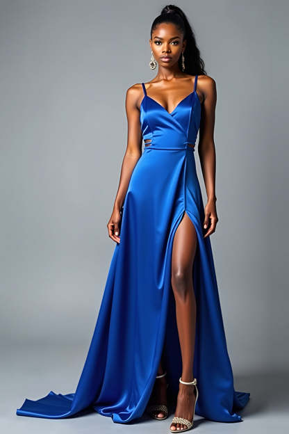 Leely Women Royal Blue A Line Satin Long Prom Dress with Slit Spaghetti Straps Backless V-Neck Militray Ball Dress