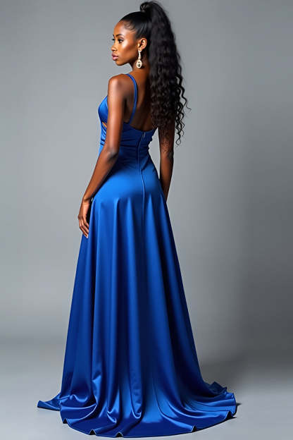Royal Blue V Neck Satin A Line Long Prom Dress with Slit
