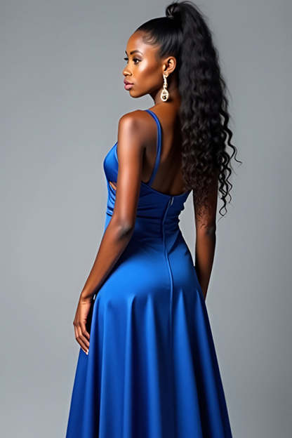 Royal Blue V Neck Satin A Line Long Prom Dress with Slit