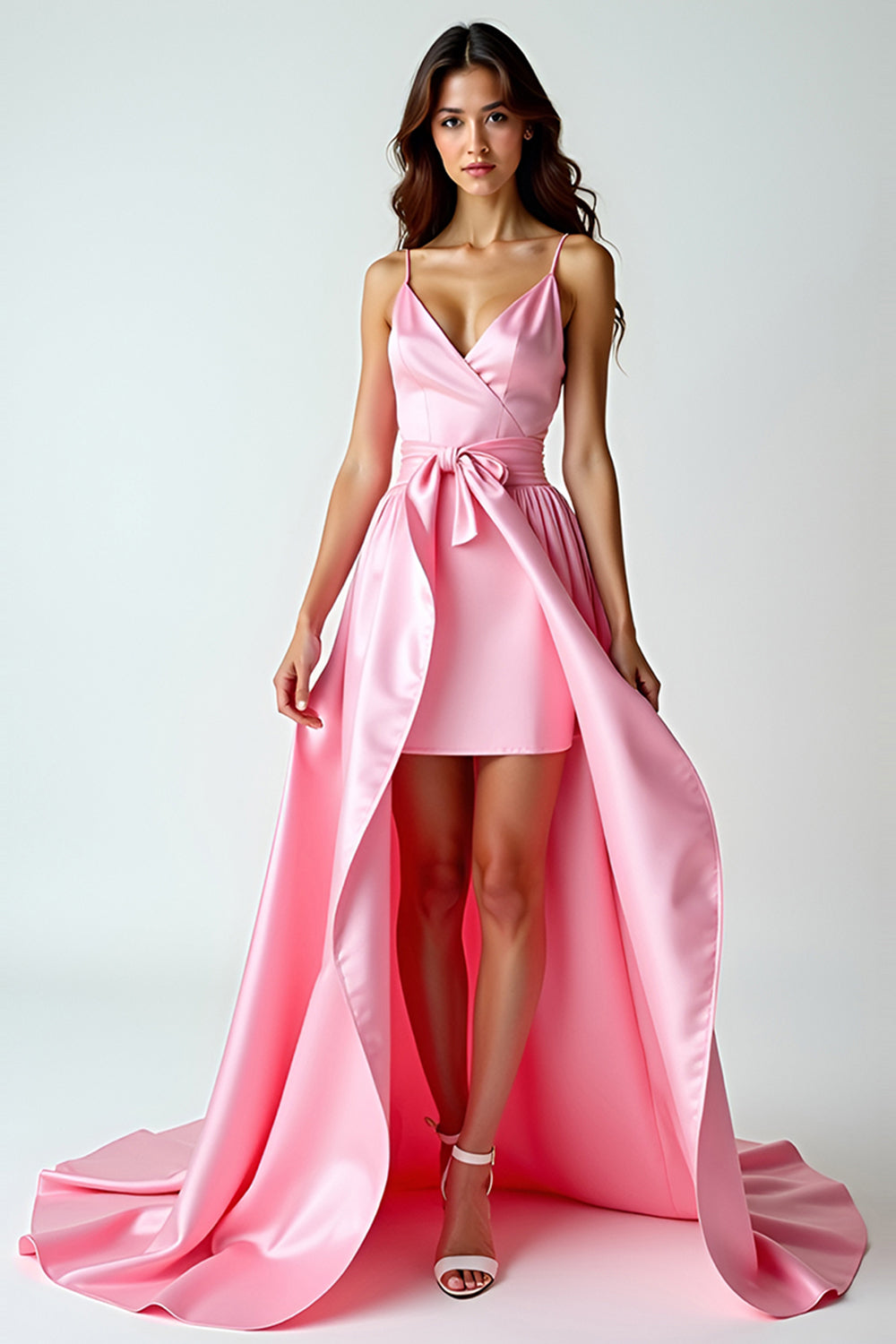 Leely Women A Line Pink V-Neck High-Low Prom Dress with Bow Spaghetti Straps Backless Formal Dress