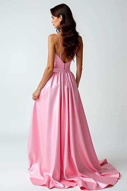 Pink V-Neck A Line Bow High-Low Prom Dress