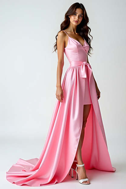 Pink V-Neck A Line Bow High-Low Prom Dress