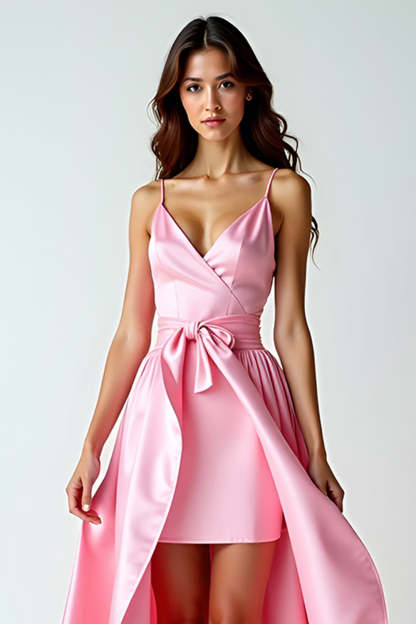 Pink V-Neck A Line Bow High-Low Prom Dress