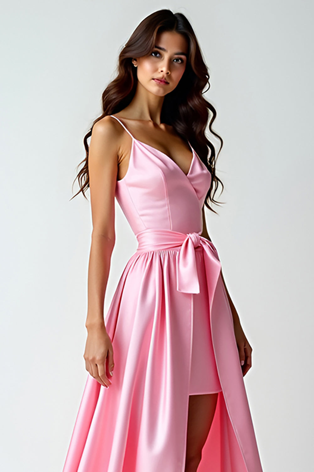 Pink V-Neck A Line Bow High-Low Prom Dress