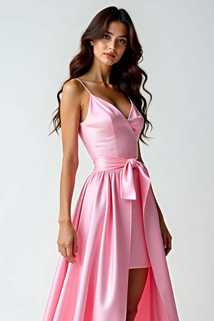Pink V-Neck A Line Bow High-Low Prom Dress