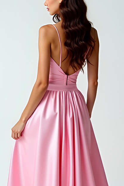 Pink V-Neck A Line Bow High-Low Prom Dress