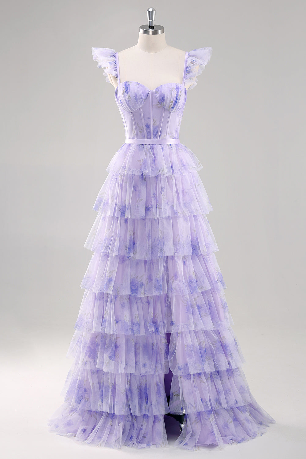 Lavender Corset Tiered Tulle Maxi Prom Dress with Slit