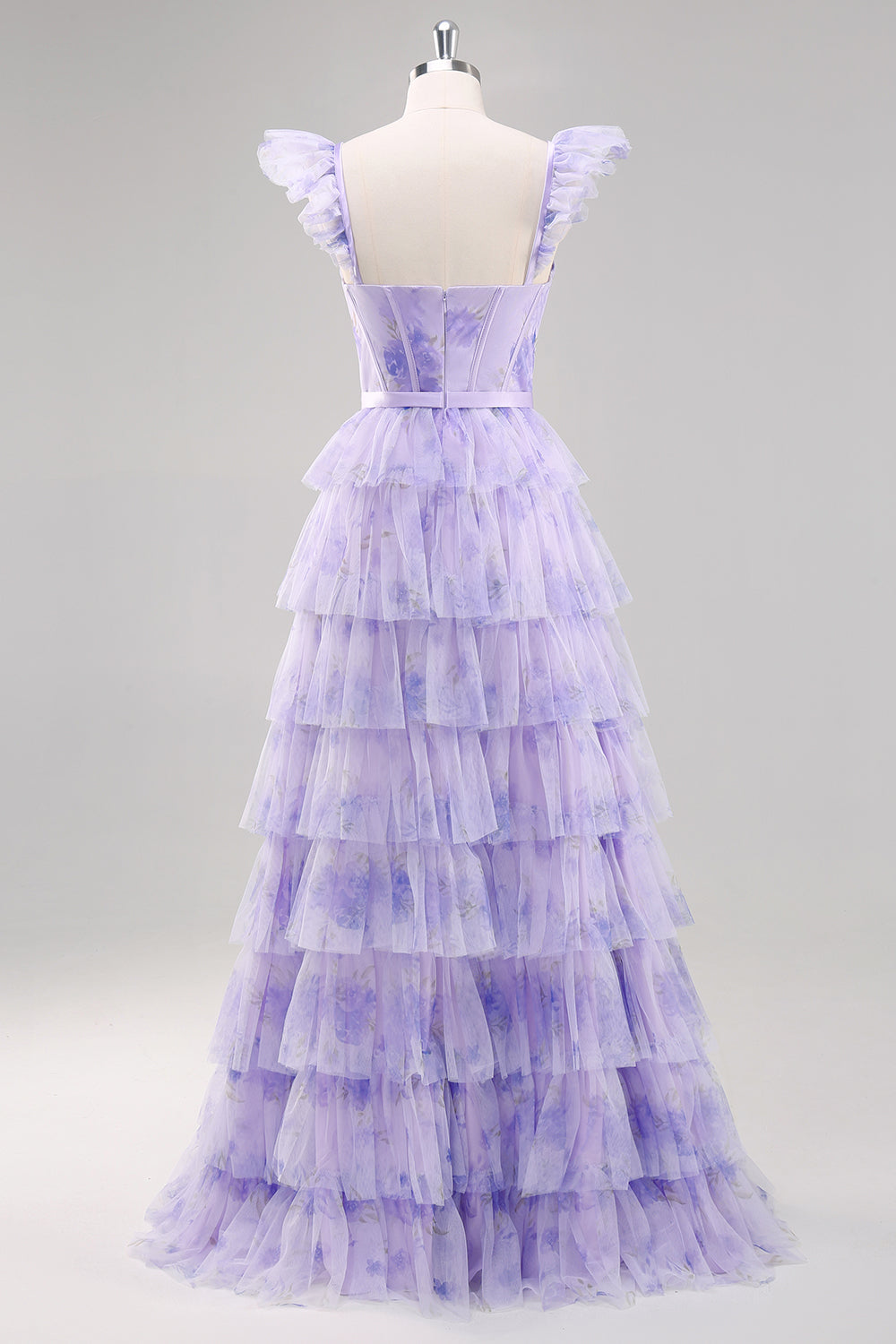 Lavender Corset Tiered Tulle Maxi Prom Dress with Slit