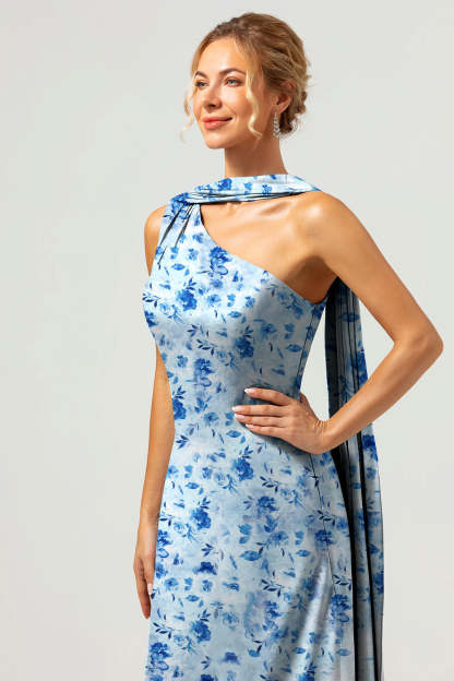 Green Flower One Shoulder Sheath Floral Bridesmaid Dress with Ribbon