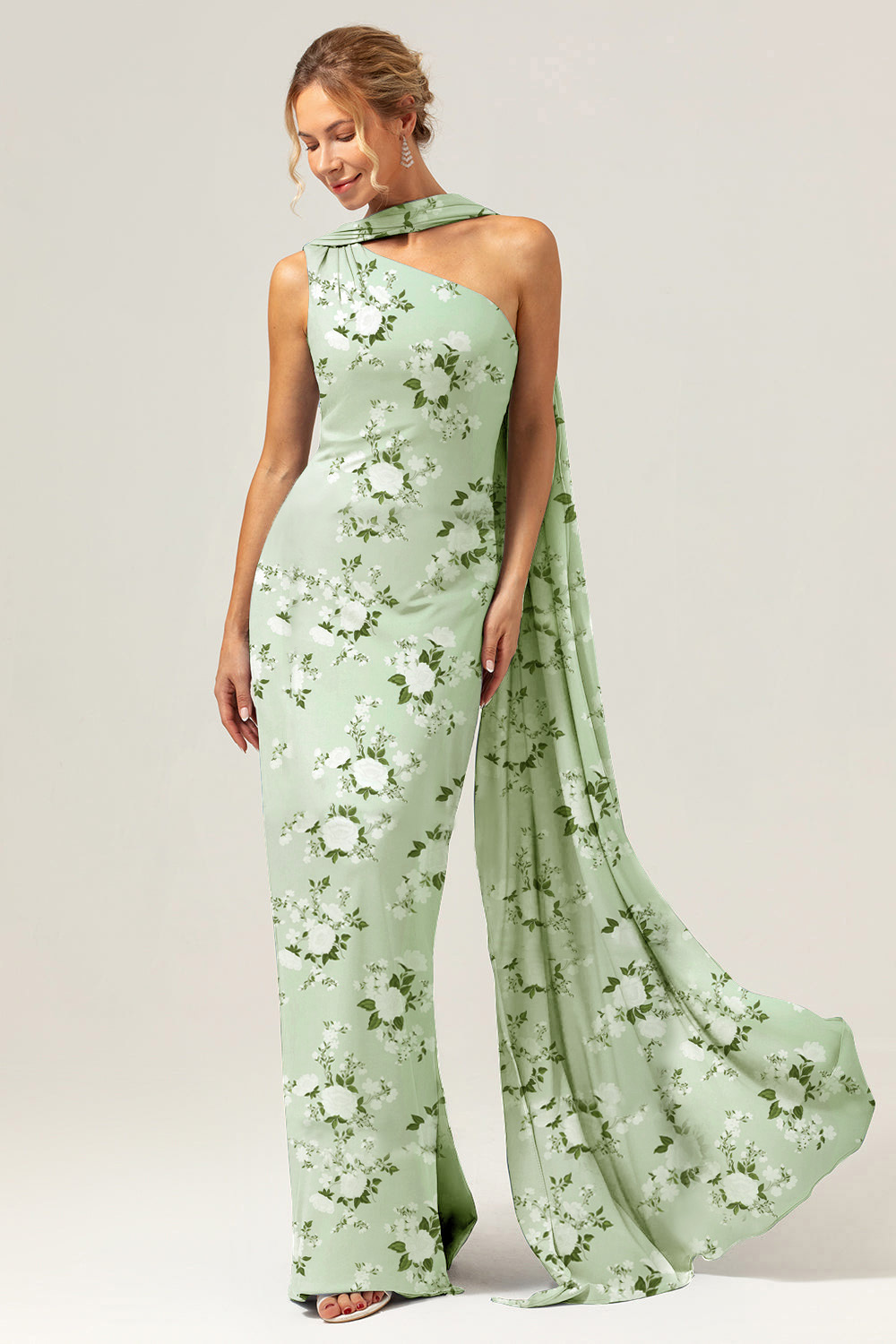 Leely Women Green Flower Sheath Satin Floral Bridesmaid Dress One Shoulder Maxi Wedding Guest Dress with Ribbon