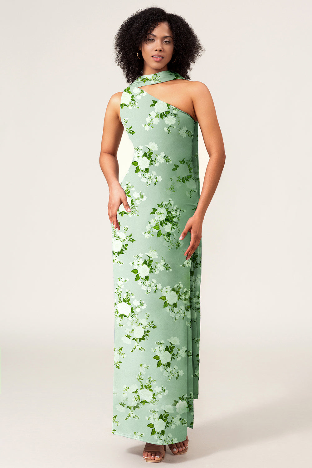 Leely Women Green Flower Sheath Satin Floral Bridesmaid Dress One Shoulder Maxi Wedding Guest Dress with Ribbon