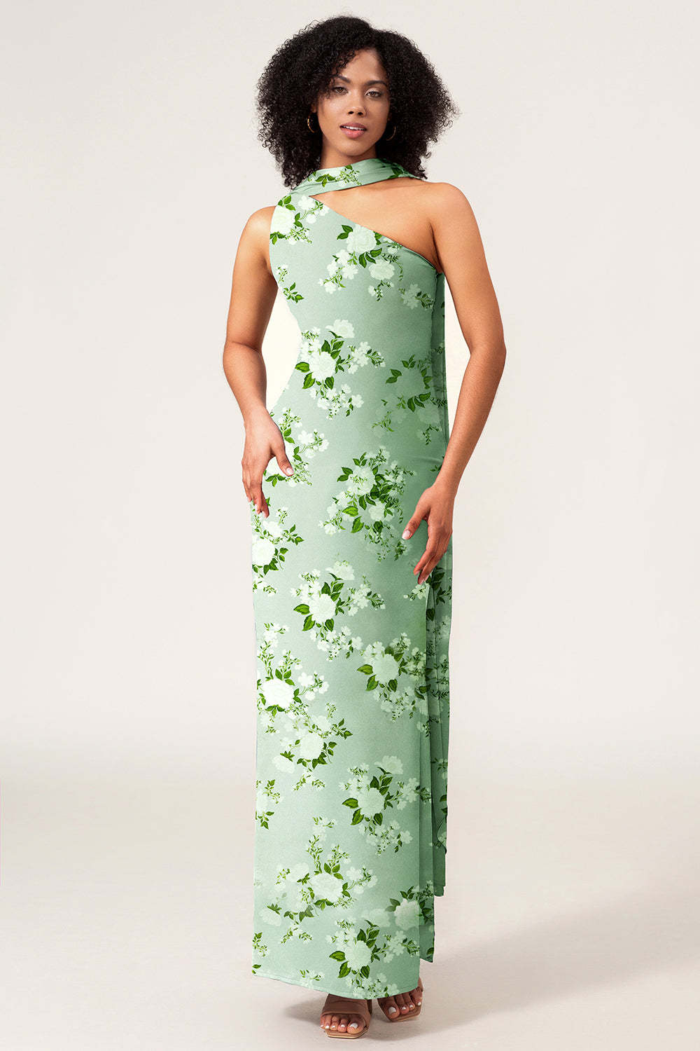 Leely Women Green Flower Sheath Satin Floral Bridesmaid Dress One Shoulder Maxi Wedding Guest Dress with Ribbon
