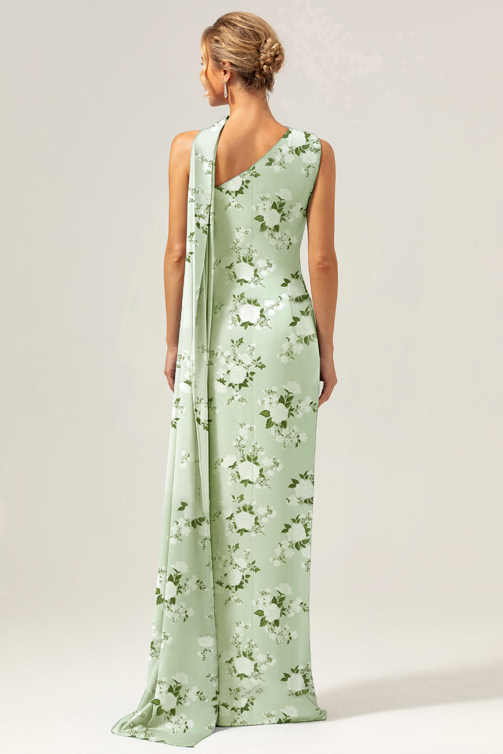 Green Flower One Shoulder Sheath Floral Bridesmaid Dress with Ribbon
