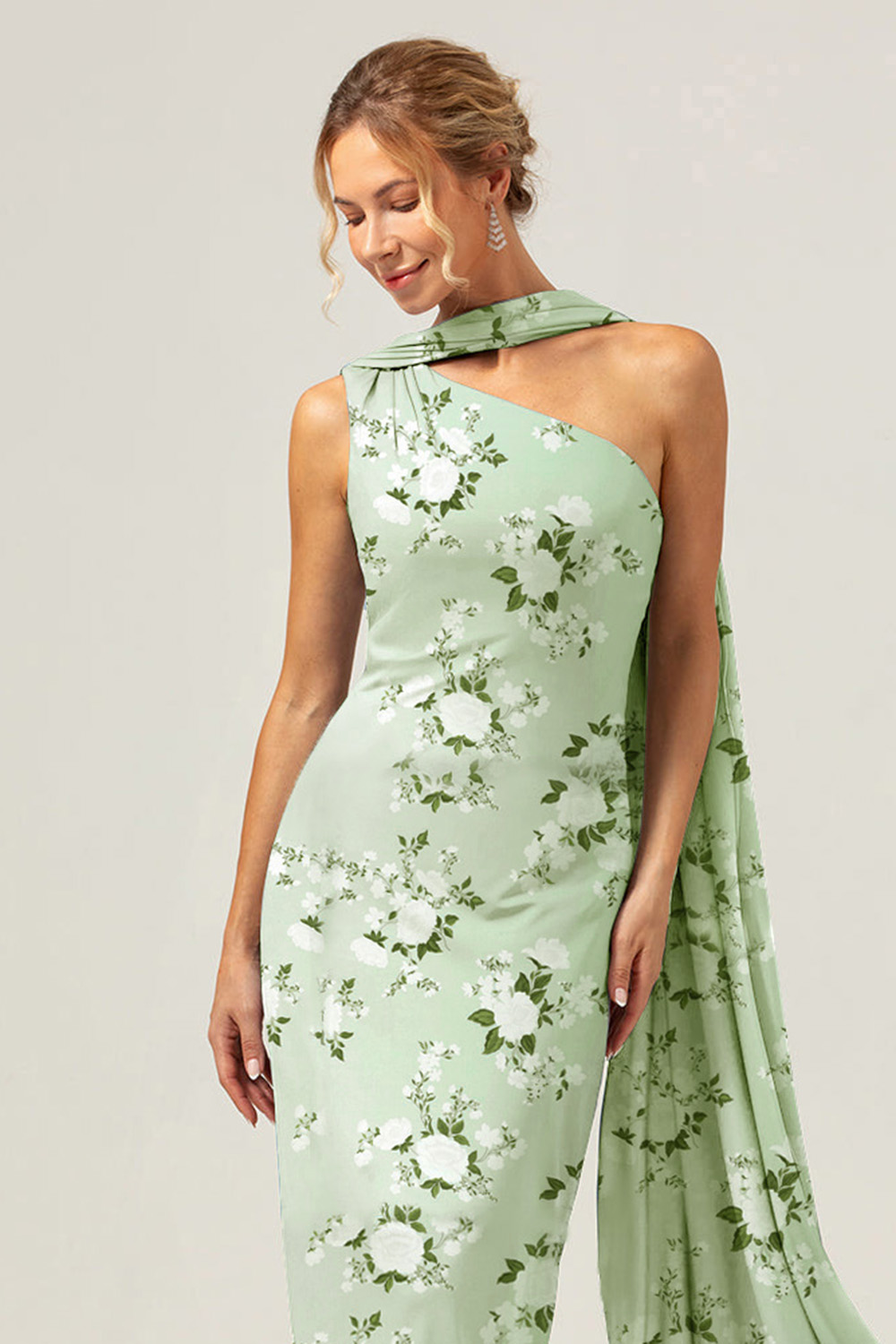 Green Flower One Shoulder Sheath Floral Bridesmaid Dress with Ribbon