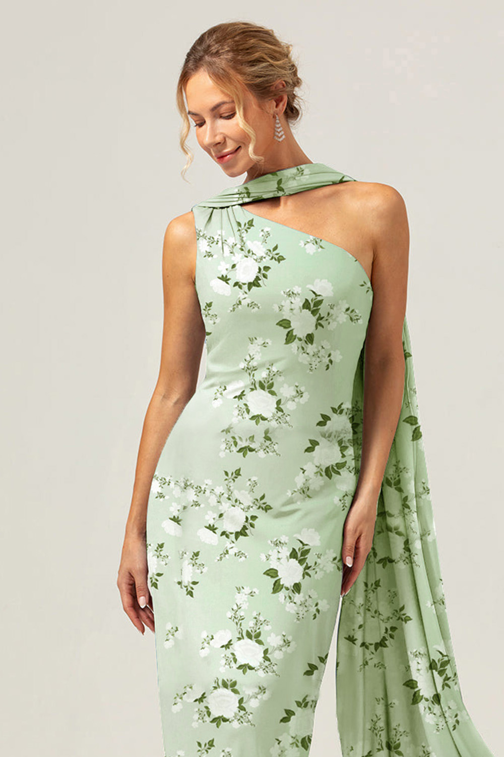 Green Flower One Shoulder Sheath Floral Bridesmaid Dress with Ribbon