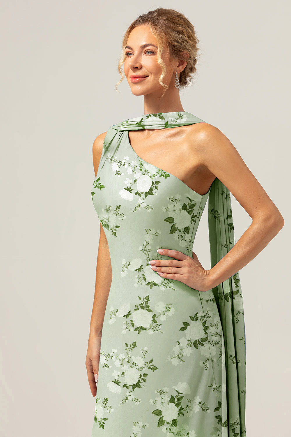 Green Flower One Shoulder Sheath Floral Bridesmaid Dress with Ribbon