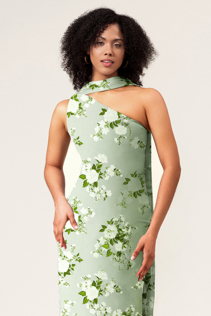 Green Flower One Shoulder Sheath Satin Floral Bridesmaid Dress