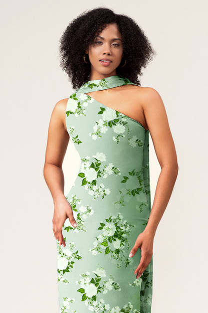 Green Flower One Shoulder Sheath Satin Floral Bridesmaid Dress
