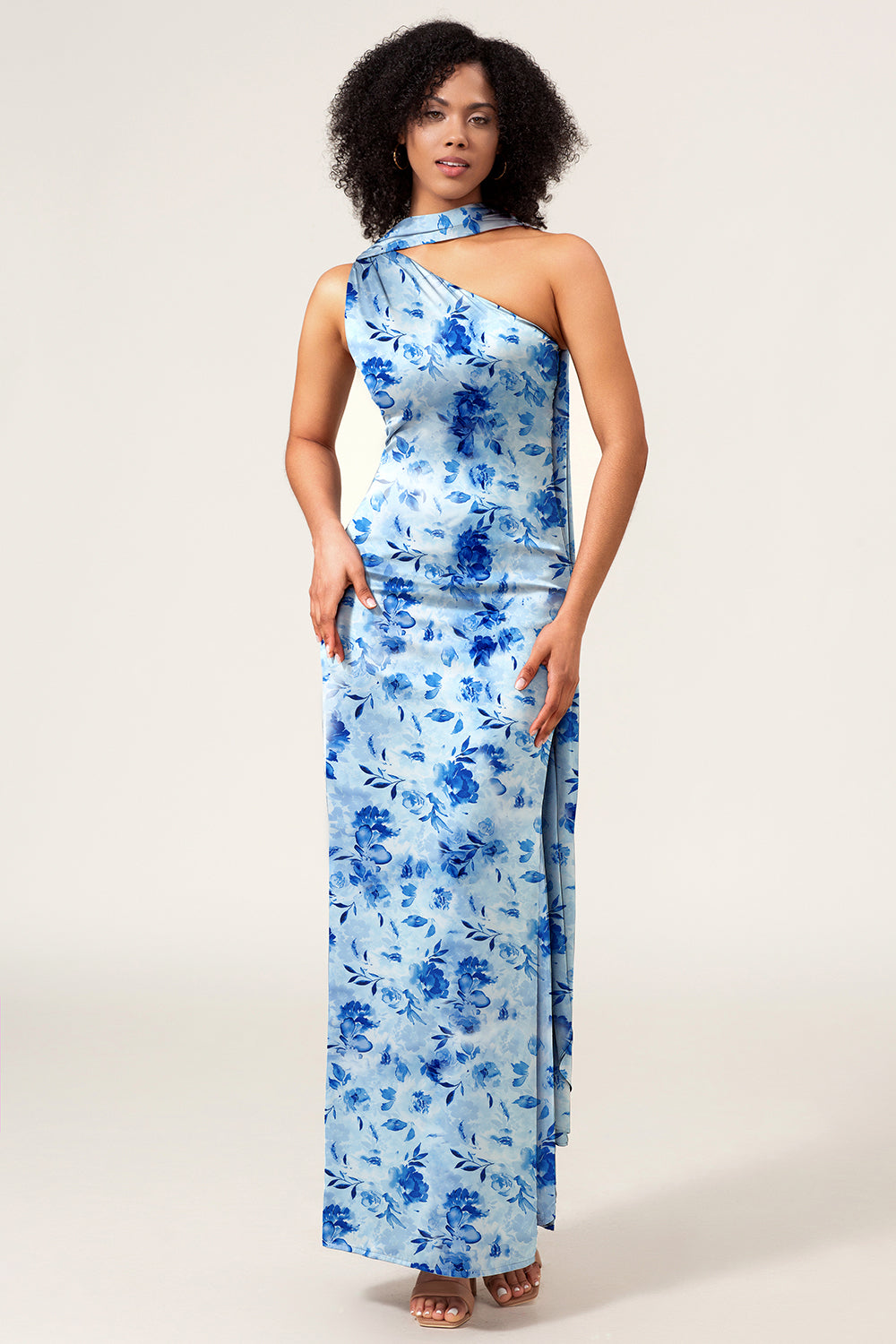 Green Flower One Shoulder Sheath Satin Floral Bridesmaid Dress