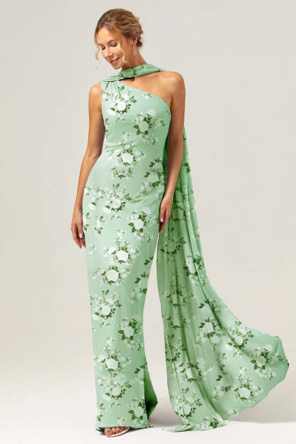 Leely Women Green Flower Sheath Satin Floral Bridesmaid Dress One Shoulder Maxi Wedding Guest Dress with Ribbon