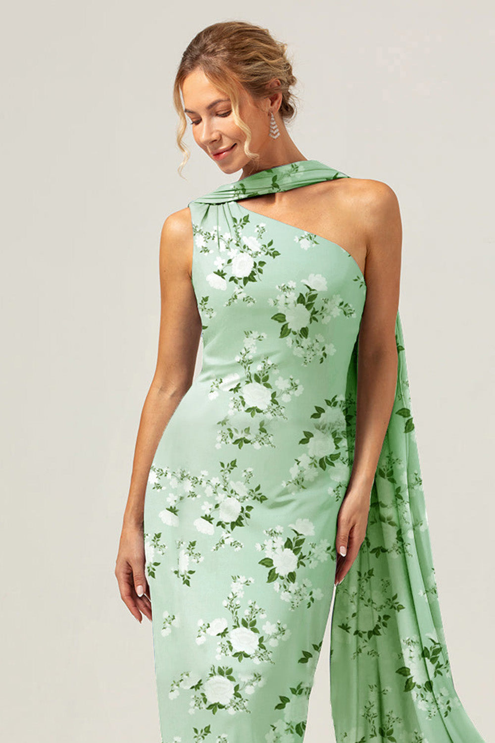 Green Flower One Shoulder Sheath Floral Bridesmaid Dress with Ribbon