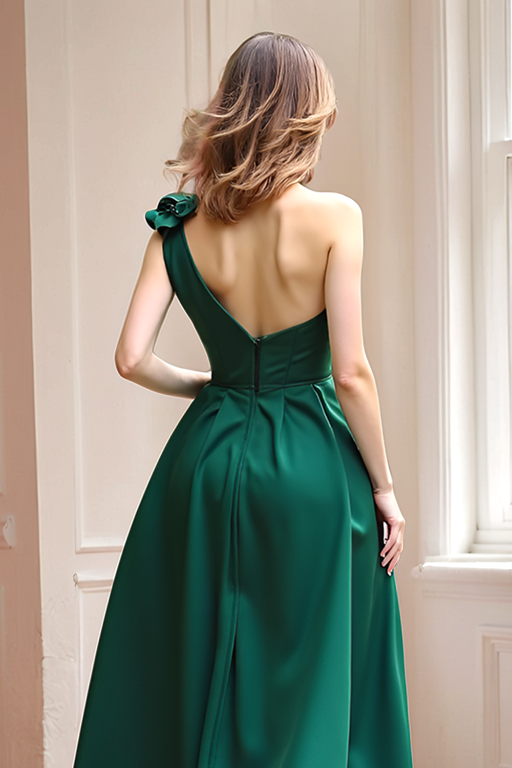 Dark Green One Shoulder A-Line Flowy Bridesmaid Dress