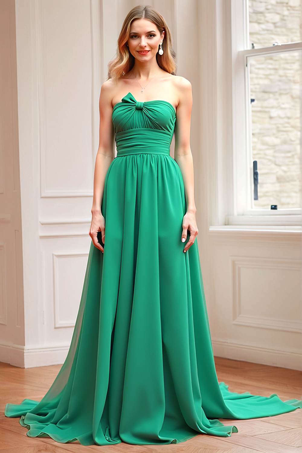 Leely Women Green Strapless A-Line Bridesmaid Dress Empire Waist Floor Length Wedding Guest Dress with Bow