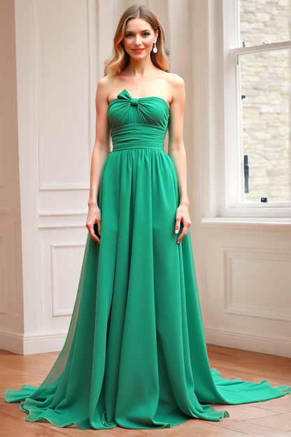 Leely Women Green Strapless A-Line Bridesmaid Dress Empire Waist Floor Length Wedding Guest Dress with Bow