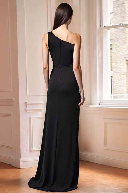 One Shoulder Black Sheath Bridesmaid Dress with Slit
