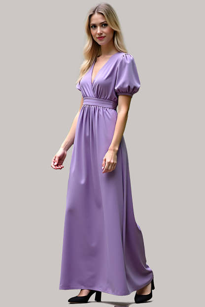 Leely Women Purple Satin A Line Formal Dress Short Sleeves V-Neck Long Wedding Guest Dress