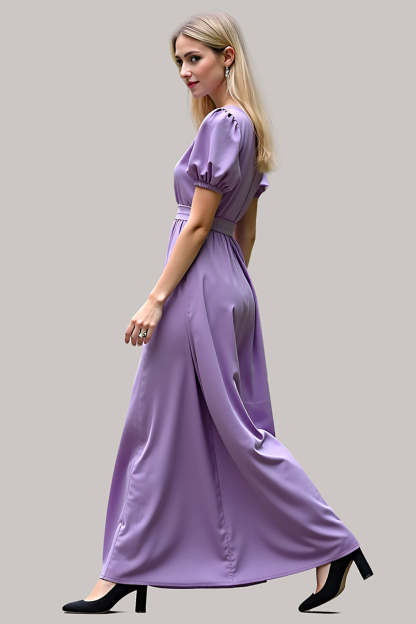 Purple V-Neck Short Sleeves A Line Long Formal Dress
