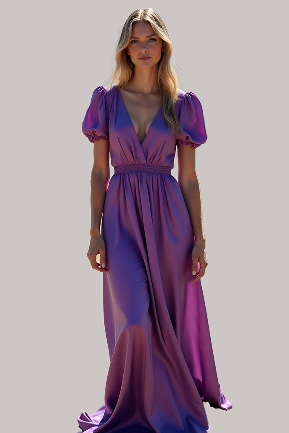 Leely Women A Line V-Neck Purple Formal Dress Puff Sleeves Backless Long Wedding Guest Dress
