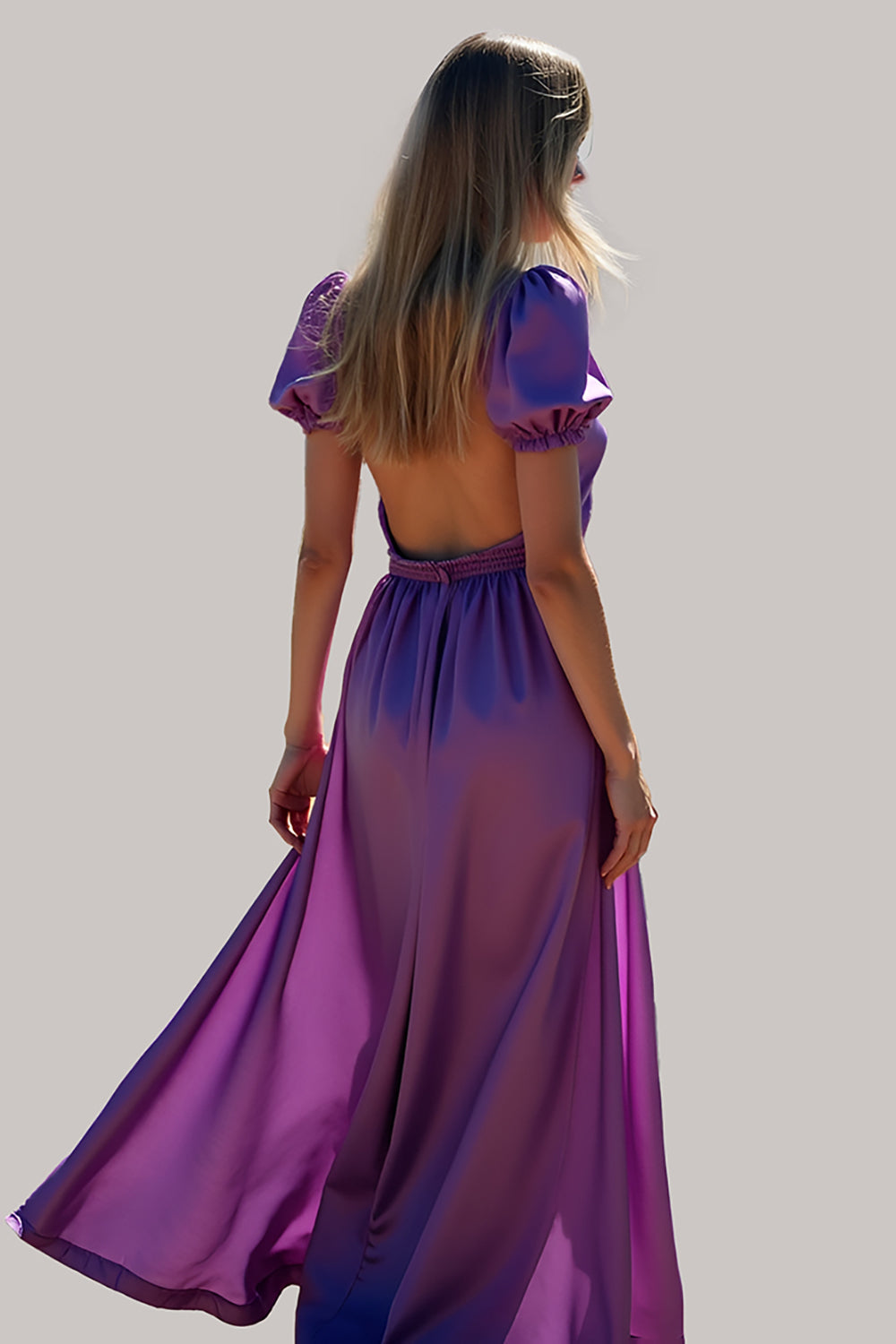 A Line Purple Puff Sleeves V Neck Maxi Formal Dress