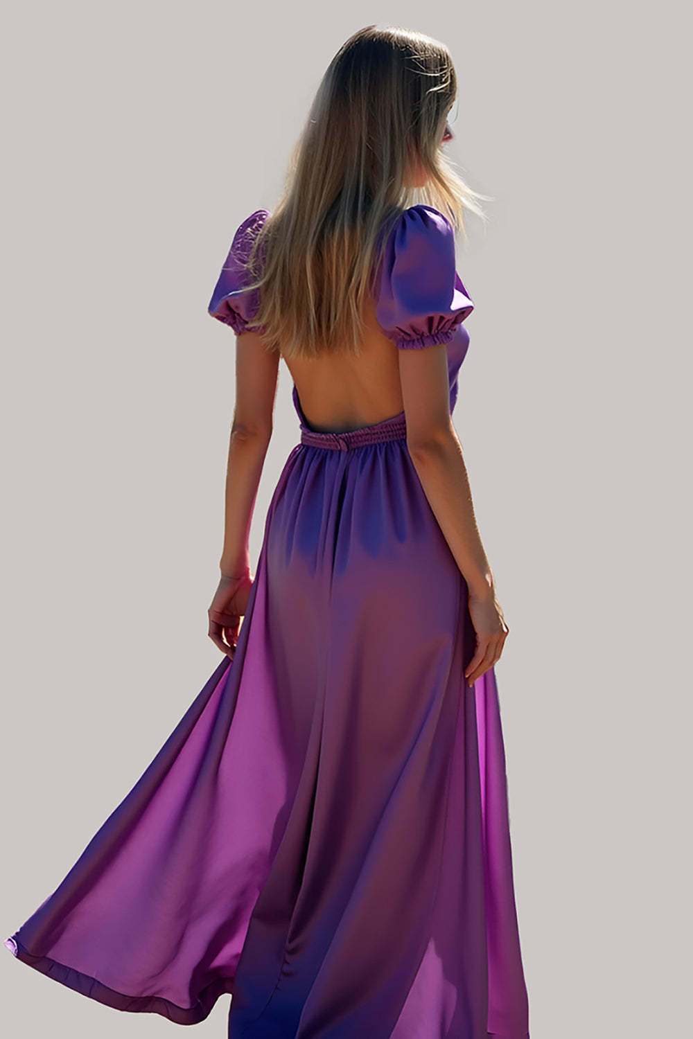 A Line Purple Puff Sleeves V Neck Maxi Formal Dress