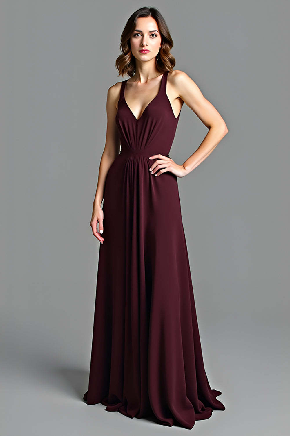 Leely Women Cabernet V-Neck A Line Formal Dress Sleeveless Backless Long Wedding Guest Dress