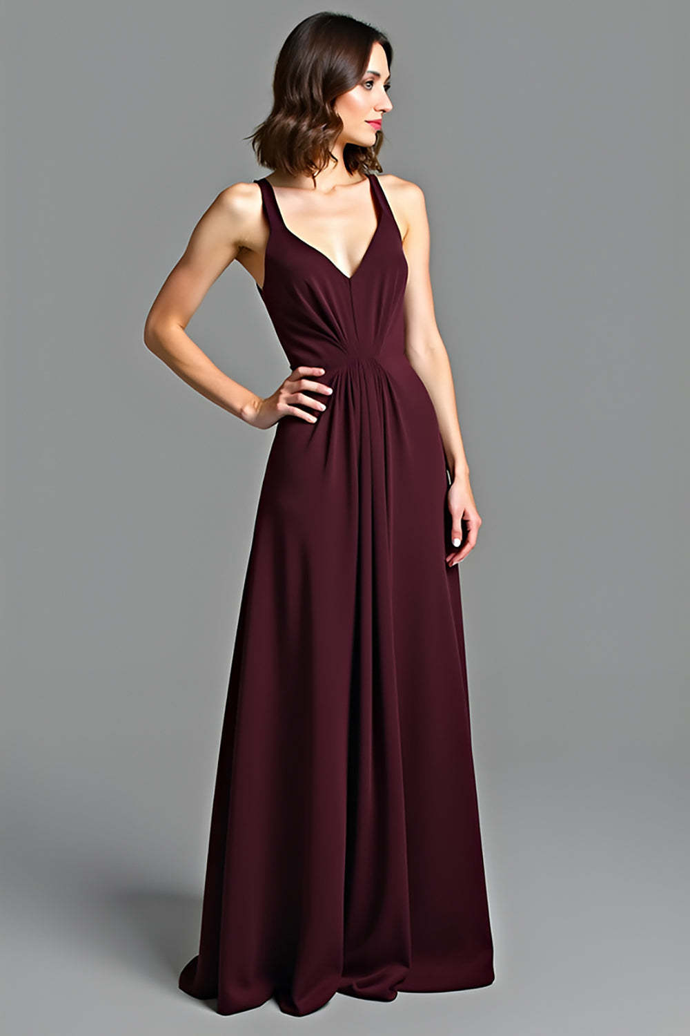 Cabernet V-Neck A Line Backless Long Formal Dress