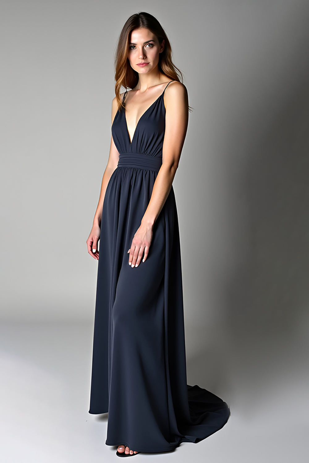A Line Navy Spagehtti Straps Floor Length Chiffon Bridesmaid Dress