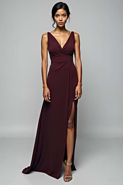 Leely Women Cabernet V-Neck Sheath Formal Dress with Slit Backless Satin Floor Wedding Guest Dress