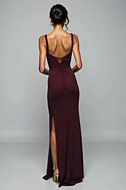 Cabernet V Neck Sheath Floor Length Formal Dress with Slit