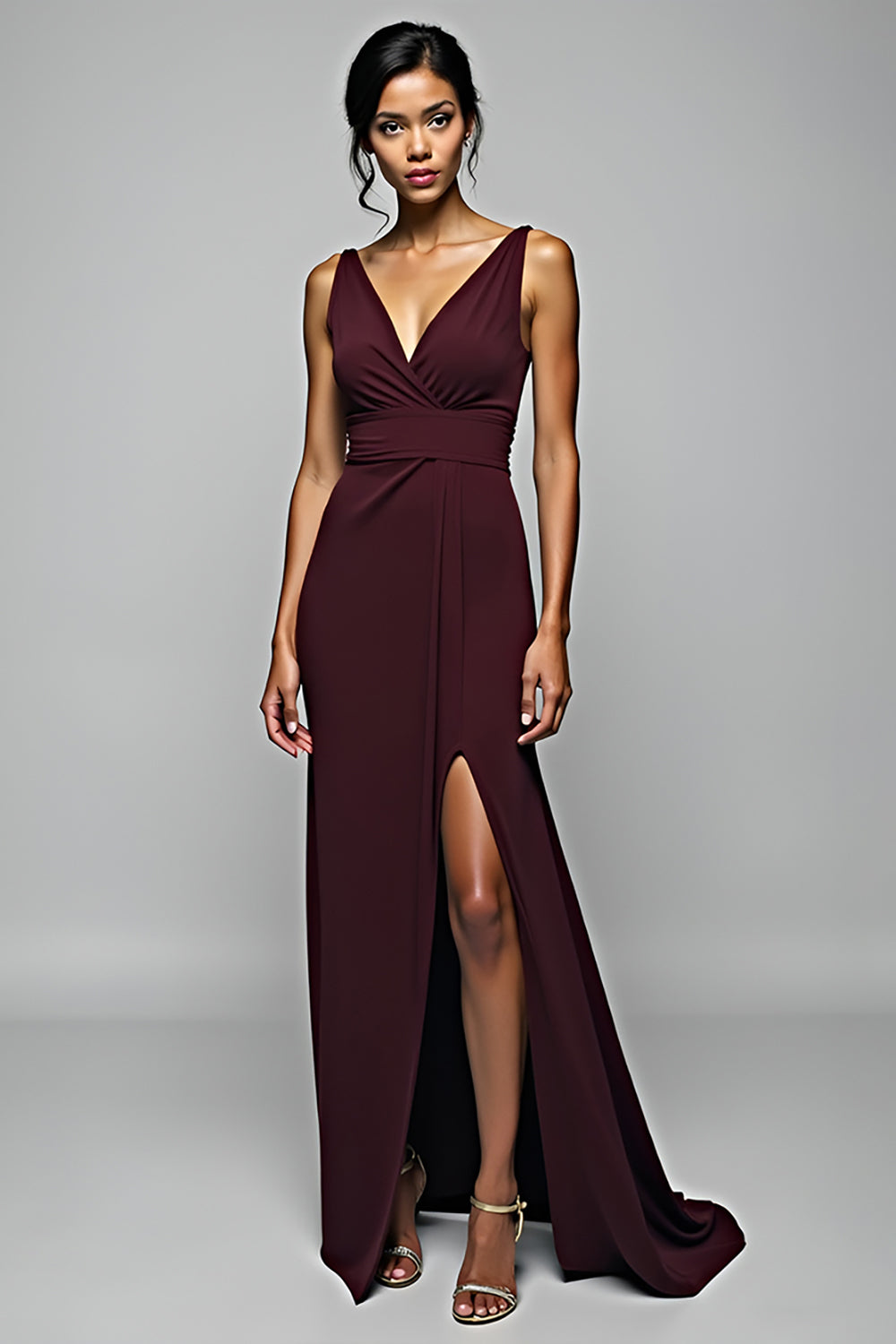 Cabernet V Neck Sheath Floor Length Formal Dress with Slit