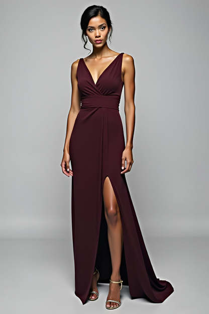 Cabernet V Neck Sheath Floor Length Formal Dress with Slit