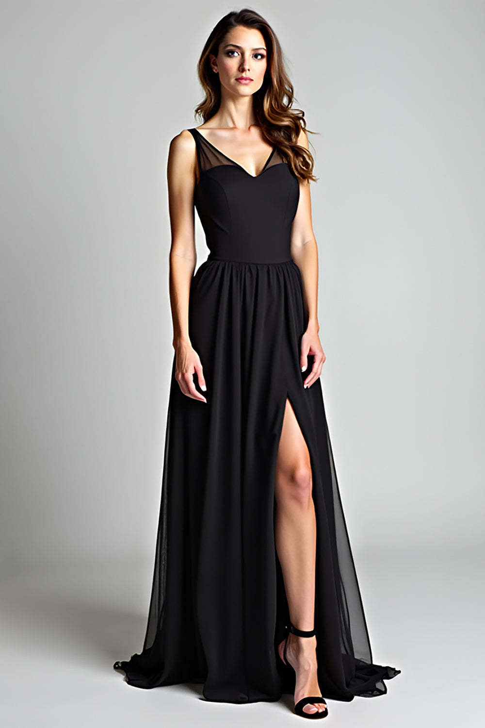 Leely Women Black A Line V-Neck Formal Dress with Slit Pleated Backless Long Black Tie Dress