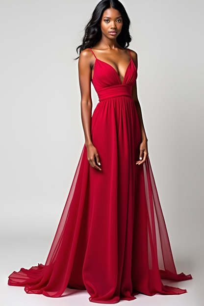 Leely Women Red Chiffon A Line Ruched Formal Dress Backless V-Neck Spaghetti Straps Backless Long Prom Dress
