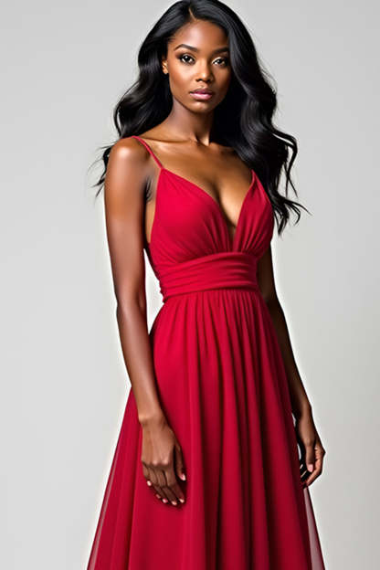 Red Spaghetti Straps A Line Floor Length Formal Dress