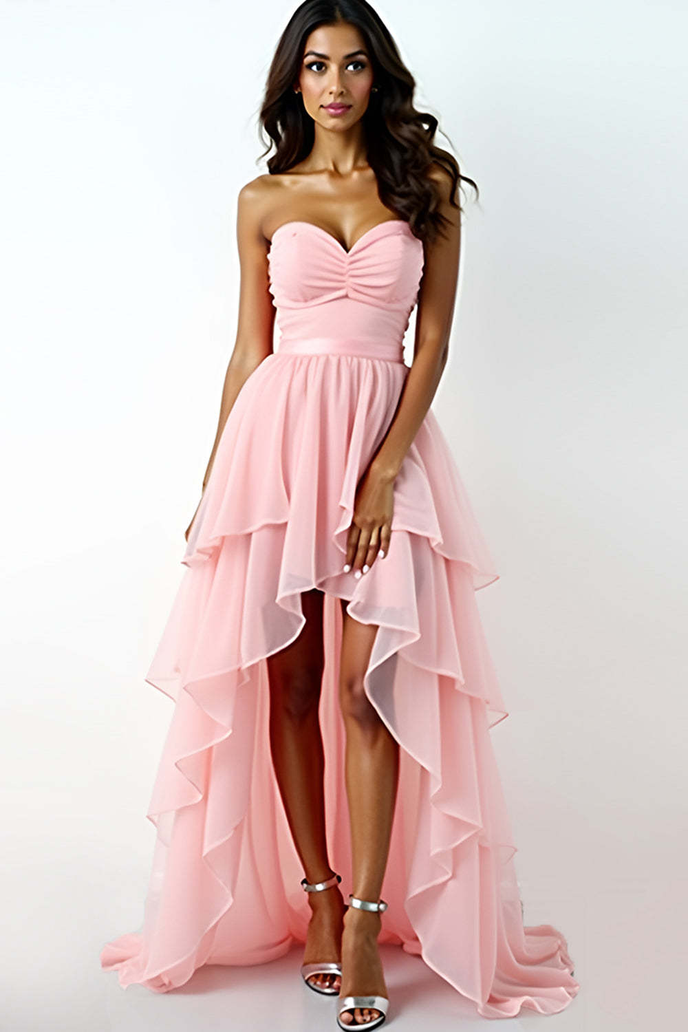 Leely Women Sweetheart Blush Pink High Low Formal Dress with Ruffles A Line Tiered Chiffon Backless Prom Dress