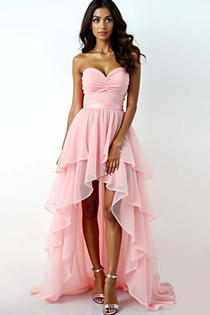 Leely Women Sweetheart Blush Pink High Low Formal Dress with Ruffles A Line Tiered Chiffon Backless Prom Dress