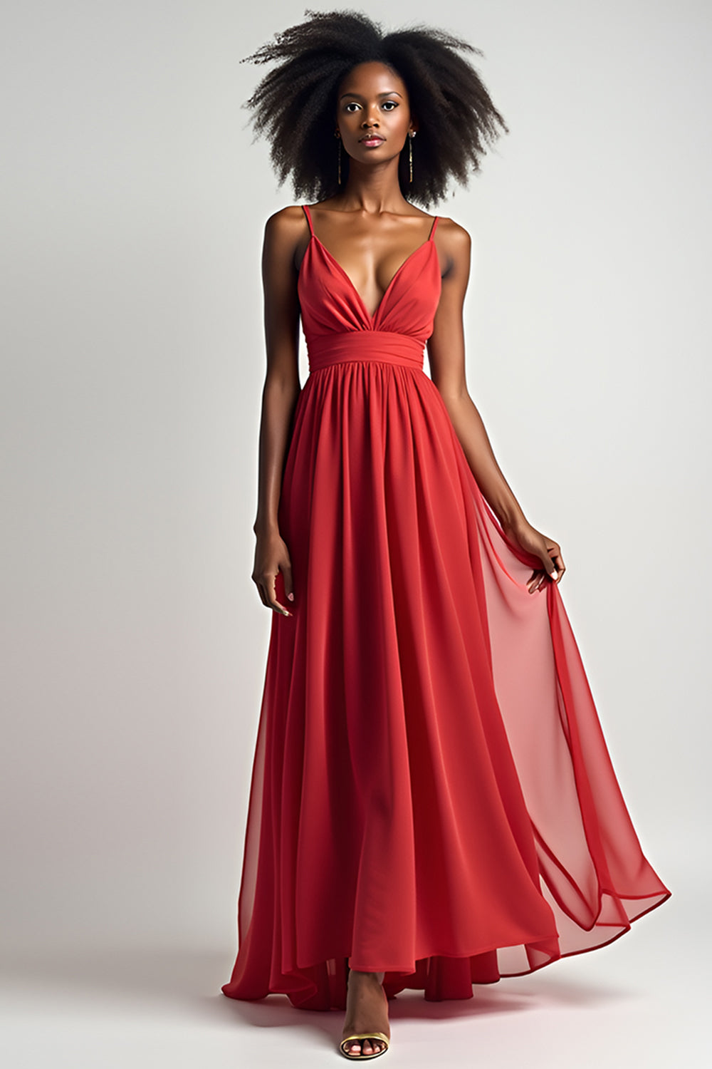 Leely Women Red Flowy A Line Chiffon Bridesmaid Dress V-Neck Spaghetti Straps Flowy Maxi Formal Dress
