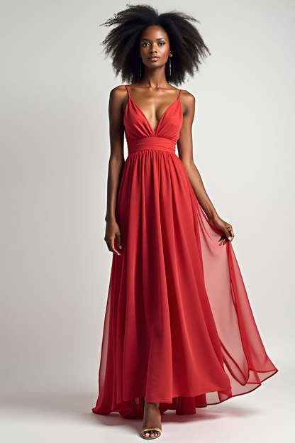 Leely Women Red Flowy A Line Chiffon Bridesmaid Dress V-Neck Spaghetti Straps Flowy Maxi Formal Dress